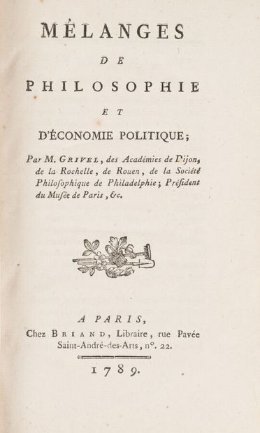 null GRIVEL. Guillaume. 
Mélanges de philosophie et d'économie politique.
Paris,...