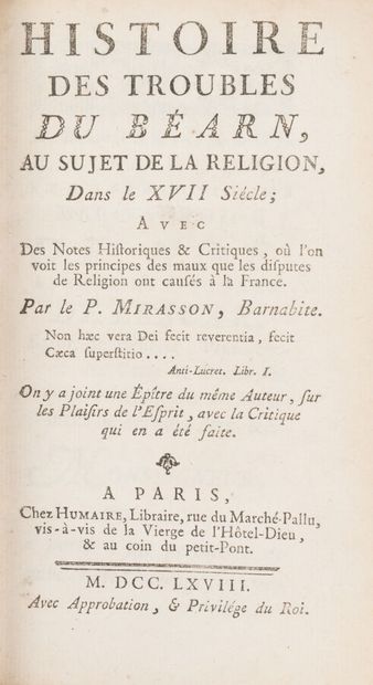 null MIRASSON. Isidore. 
Histoire des troubles du Béarn, on the subject of religion...