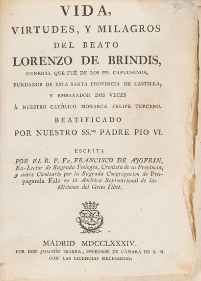 null AJOFRIN. Francisco de. 
Vida, virtudes y milagros del beato Lorenzo de Brindis.
Madrid....