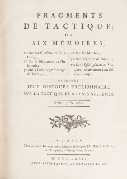 null [MESNIL-DURAND. Baron de]. 
Fragments de tactique
A Paris. chez Jombert. 1774....