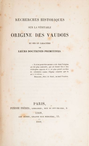 null CHARVAZ. Andrea. 
Recherches historiques sur la véritable origine des Vaudois.
Paris...