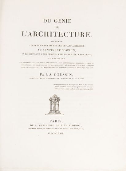 null COUSSIN. 
Du Génie de l'architecture...
Paris. Firmin Didot. 1822. 1 volume...
