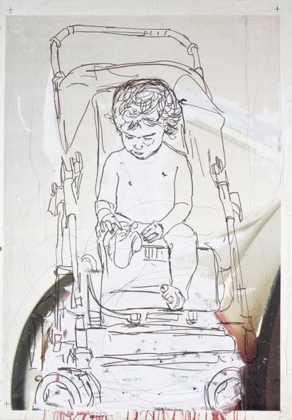 Philippe PASQUA (né en 1965) Bébé dans sa poussette, 1998
Technique mixte sur toile...