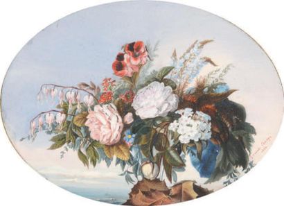 Herminie COUSY (XIXe siècle) Bouquet de fleurs dans un paysage, 1860
Gouache sur...