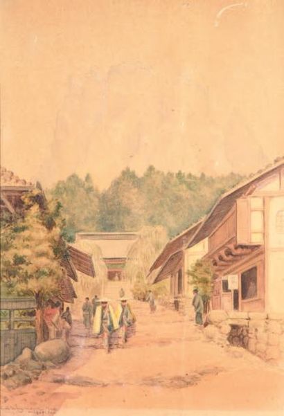 Charles A. WIRGMAN (1864-1922) Ruelle animée à Miyogi San, Japon
Aquarelle, signée,...