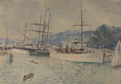 Fernand TRUFFAUT (1866-1955) Le port de Deauville
Aquarelle, signée en bas à gauche,...