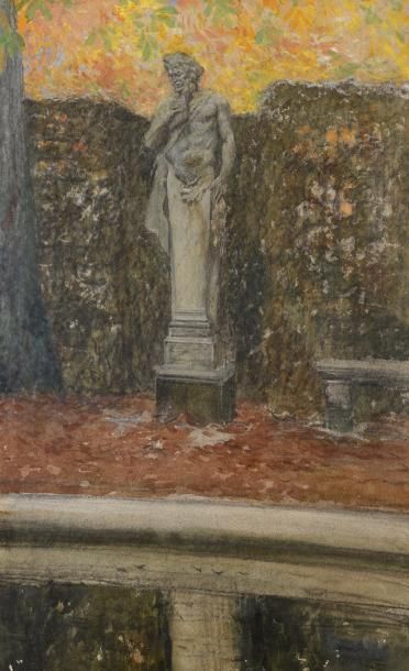 Georges SCOTT (1873-1942) Pilier hermaïque représentant Pan dans un parc
Aquarelle,...