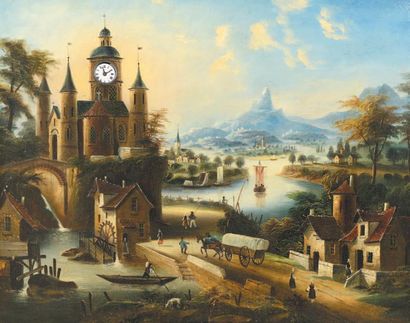 École Française du XIXe siècle Moulin dans un paysage animé
Tableau horloge, huile...
