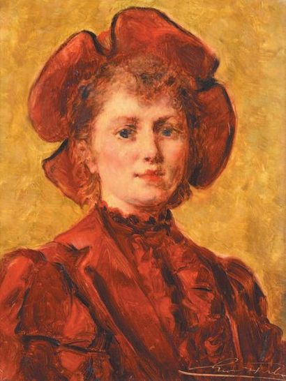 Leon HERBO (1850-1907) Portrait de femme au bonnet rouge
Huile sur panneau d'acajou...