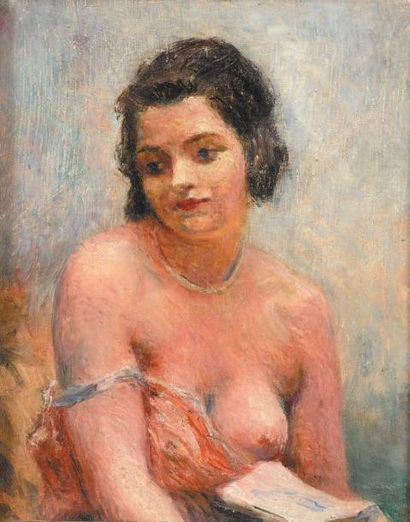 École française du début du XXe siècle Portrait de femme à demi-nue
Huile sur toile.
27,5...