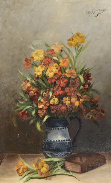Eva CHANSON (XIXe - XXe siècle) Pichet au bouquet de fleurs
Huile sur toile signée...