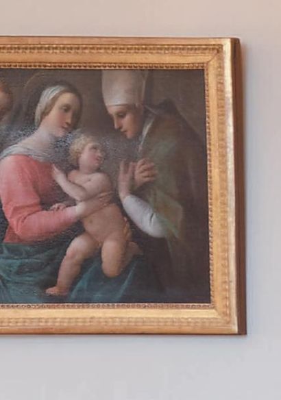 École LOMBARDE du début du XVIIe siècle Vierge à l'enfant entourée de deux Saints
Toile.
41...