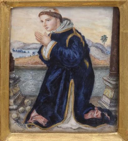 MARTHERAY Saint en prière
Gouache et plume.
10 x 8 cm
Signé en bas à gauche.