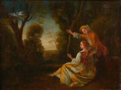 École FRANÇAISE du XVIIIe siècle Couple dans un paysage avec colombes
Huile sur toile.
22,5...
