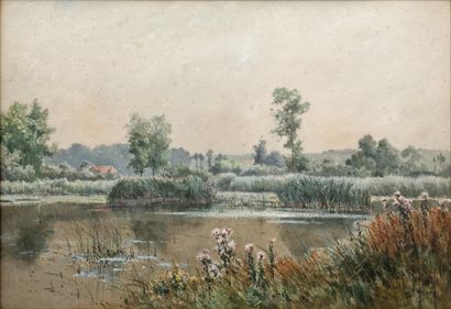J. HENRY (Actif au XIXe siècle) Bord d'étang
Gouache et pastel.
38,5 x 52 cm
Signé...