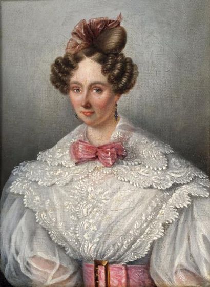 École ITALIENNE vers 1830 Portrait de femme au noeud rose
Toile d'origine.
21,5 x...