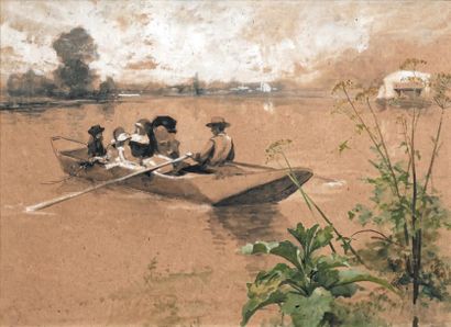 Ferdinand HEILBUTH (Hambourg, 1826 - Paris, 1889) Barques avec jeunes sur un lac
Aquarelle,...