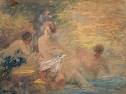 null Femmes au bain
Aquarelle.
46,5 x 62,5 cm
Signé en bas à gauche G. Griffon.