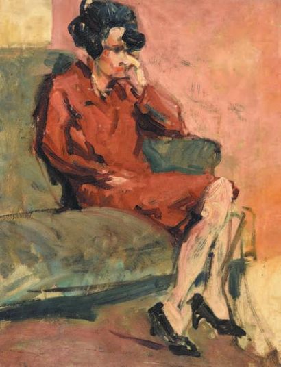 École FRANÇAISE du XXe siècle Jeune femme pensive à la robe rouge
Huile sur carton...