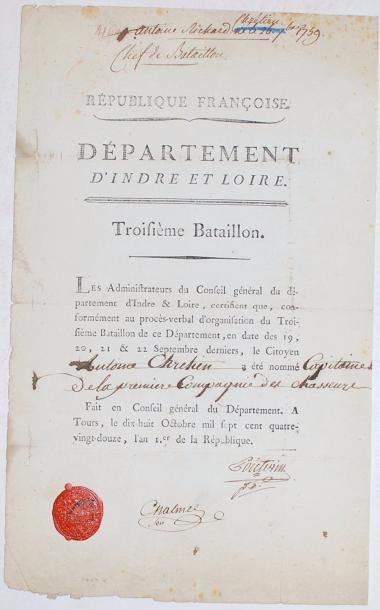 null [BATAILLON D'INDRE & LOIRE] - P.S. A Tours, 18 octobre, 1792, in-folio, 1 pp....
