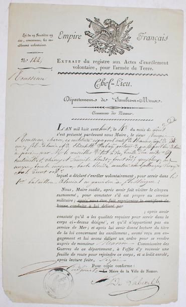null [ENRÔLEMENT VOLONTAIRE] - P.S. du maire de Namur. Namur, 4 août 1808. 1 pp....
