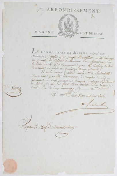 null [MARINE] - LACOMBE. P.S. Brest, 23 octobre 1806. 1 pp. petit in-folio, en-tête...