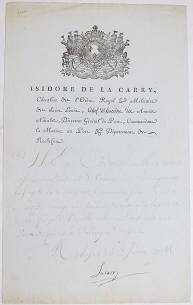 null [MARINE] - P.S. «La Carry». A Rochefort, 2 juillet 1785. 1 pp. in-folio, en-tête...
