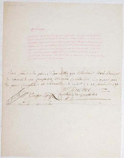 QUETINEAU (Pierre) P.A.S. Niort, 22 janvier, 1792. 1 pp. in-16 oblong (20 x 6 cm)...