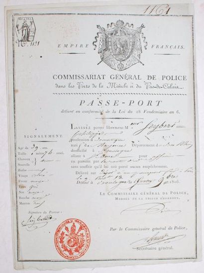 null [BOULOGNE] - 2 LAISSEZ-PASSER. Boulogne, 4 et 7 novembre 1806. 2 pp. grand in-4...