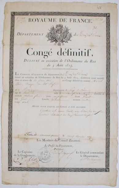 null [CONGÉ DÉFINITIF] - P.S. Clermont-Ferrand, 9 décembre, 1817, in-folio, 1 pp....