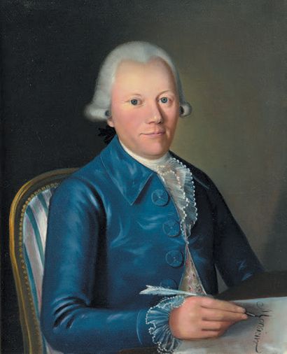 Ecole Francaise vers 1780 Portrait d'homme écrivant, portrait de dame près d'une...