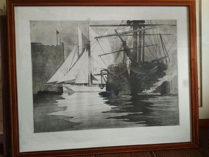 null Eau forte "vaisseau au port", début du XXème siècle. 
46 x 61 cm. 
