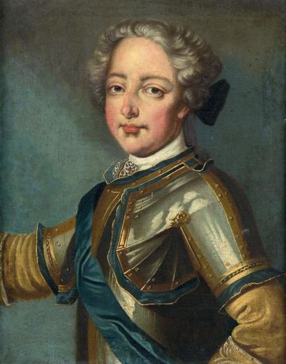 École FRANÇAISE du XVIIIe suiveur de Carle Van Loo 
Portrait de Louis XV en armure
Toile.
41...