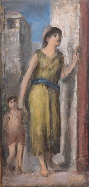 Henry CROS (1840-1907) 
Femme et enfant dans une ville antique
Peinture à l'encaustique...