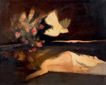 Antonio URIA MONZON (1929-1996) «Femme allongée et colombe»
Huile sur toile signée...