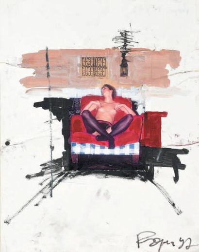 Philippe PASQUA (né en 1965) Femme au fauteuil rouge, 1997 Technique mixte sur papier...