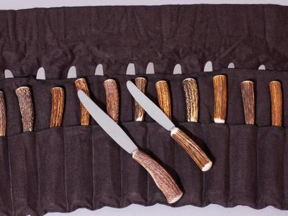 null Belle série de douze couteaux de table et de douze couteaux à dessert de chasseur,...