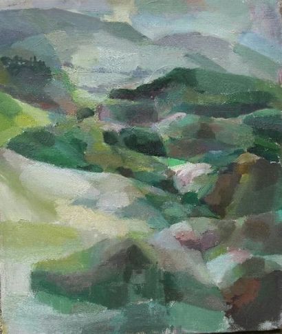 Raphaëlle PIA (née en 1942) Paysage vallonné, 1963
Huile sur toile.
46 x 38 cm