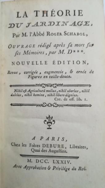 null SCHABOL. La théorie du jardinage. Paris, Debure, 1774, in-12, veau brun, dos...