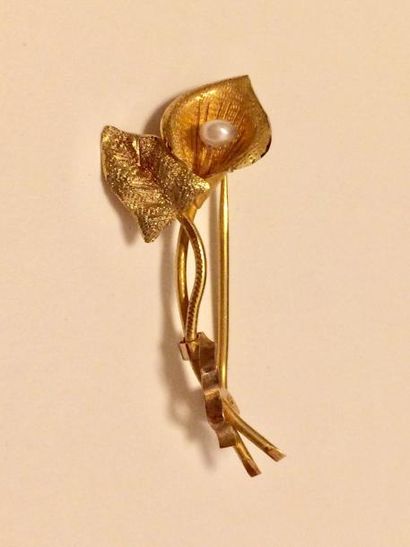 null Broche «arum» en or jaune 18K (750°/00) ornée d'une perle de culture.
Larg.:...