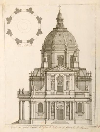 Attribue à Jean MAROT (1619-1679) 
L'église de la Sorbonne
Plan, coupe, profil, élévation...