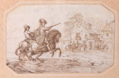 École FRANÇAISE vers 1700 
Deux cavaliers devant une auberge
Encre.
16 x 25 cm