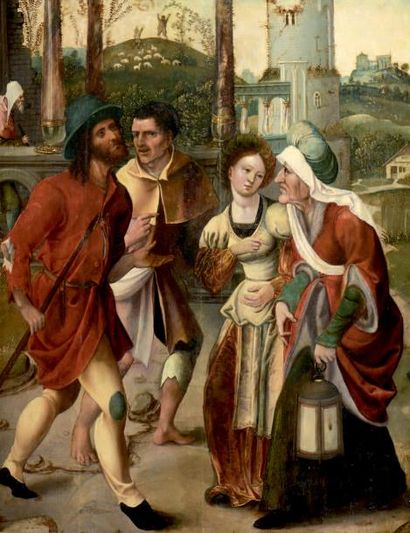 ECOLE ANVERSOISE VERS 1520 *Deux hommes rencontrent deux femmes dont l'une tient...