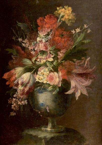 École Française du XIXe siècle Vases chinois garnis de pivoines, tulipes, lys, oeillets,...