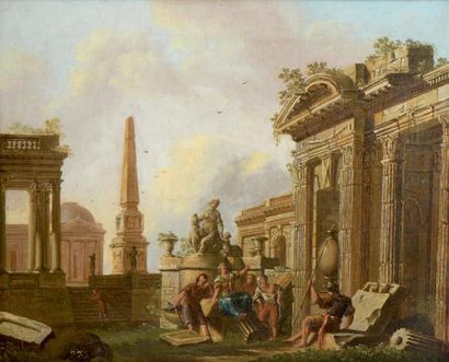 École Romaine vers 1800, suiveur de Panini *Soldats dans des ruines romaines
Paire...