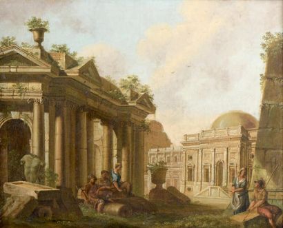 École Romaine vers 1800, suiveur de Panini *Soldats dans des ruines romaines
Paire...