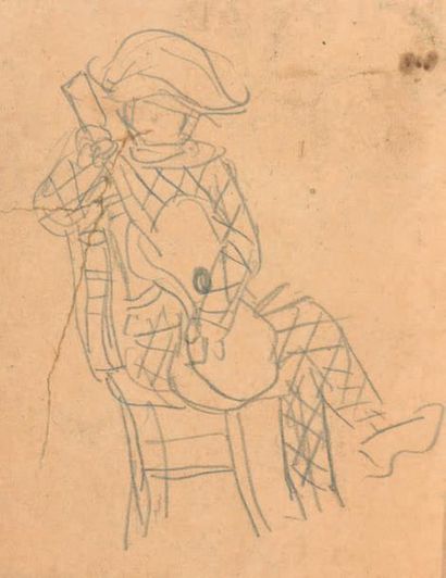Jean POUGNY (1892-1956) 
Arlequin musicien Crayon. (Tâches).
17 x 13 cm