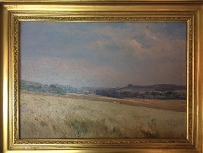 André Paul LEROUX (1870-1950) 
Paysage au champs de blé
Huile sur panneau monogrammée...
