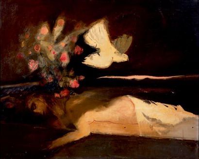 Antonio URIA MONZON (1929-1996) 
Femme allongée et colombe
Huile sur toile
Signée...