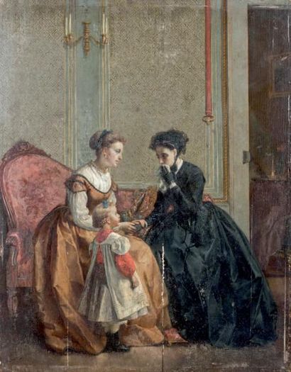 Louis LANFANT DE METZ (1814-1892) 
La Conversation
Huile sur panneau.
Signée en bas...